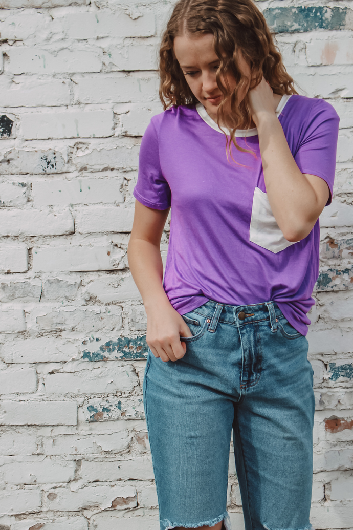 Riley Pocket Tee in Teal, Purple, & Grey