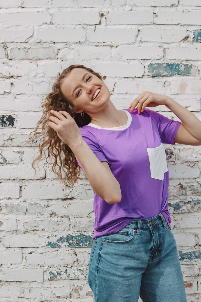 Riley Pocket Tee in Teal, Purple, & Grey