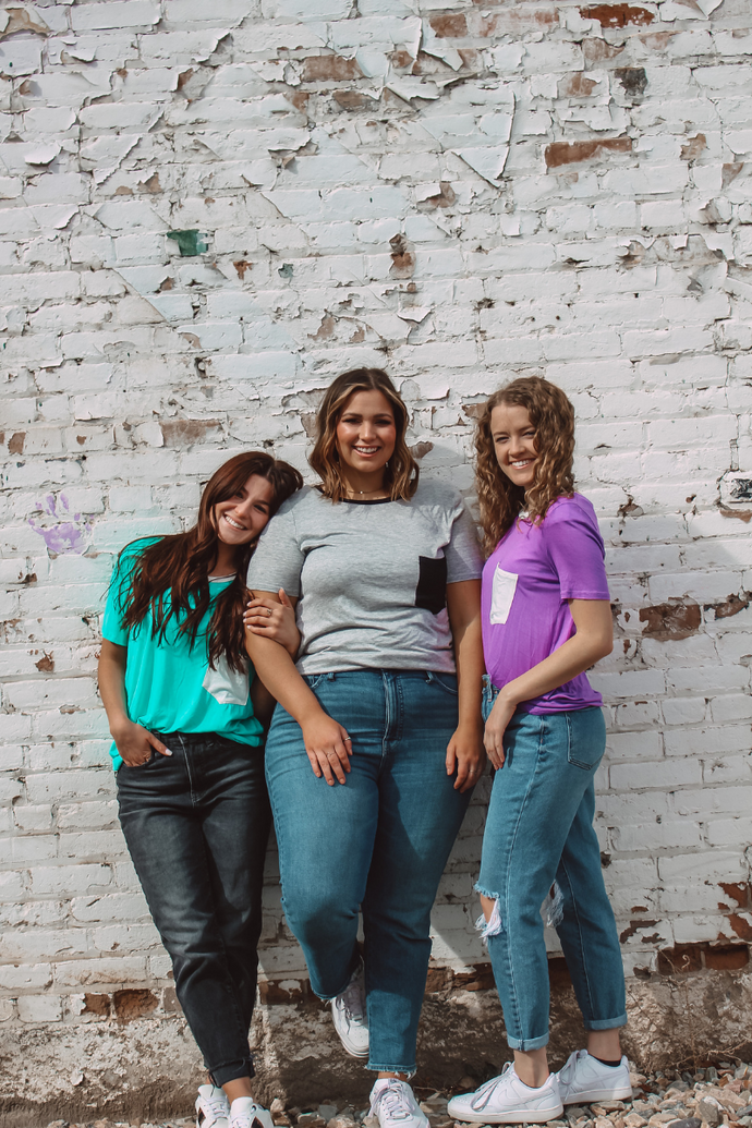 Riley Pocket Tee in Teal, Purple, & Grey